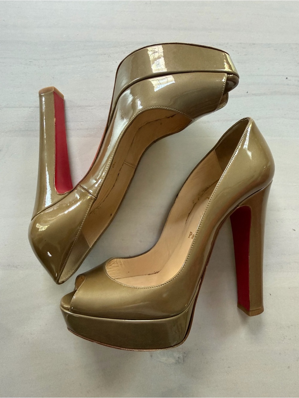 CHRISTIAN LOUBOUTIN High Gloss Taupe Peep-Toe Platform Pumps - Women's